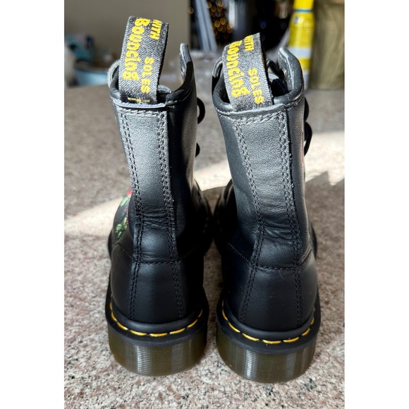 Dr Martens Black Leather Rose Embroidered Combat Boots Women - Picture 7 of 10